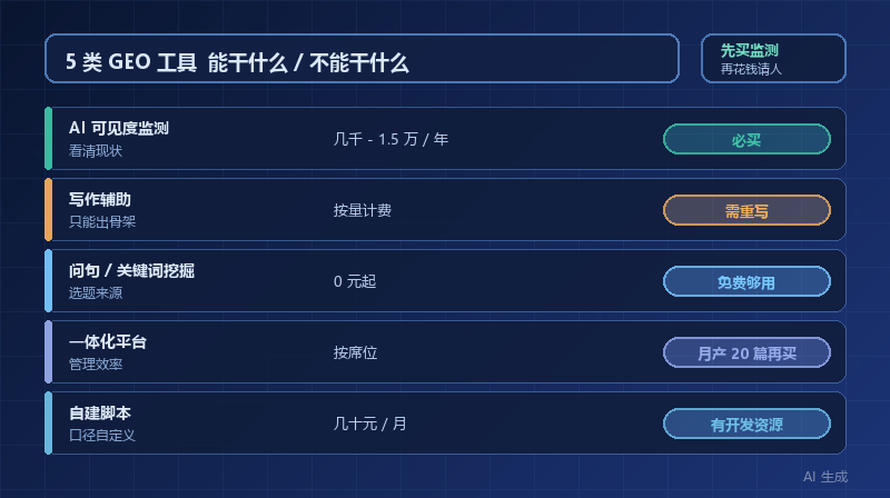 GEO 优化工具怎么选？5 类工具的真实能力边界