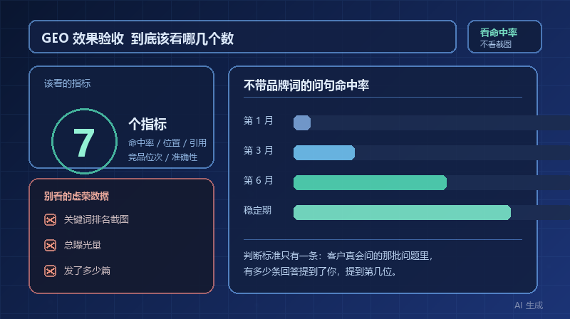 GEO 优化效果怎么验收？7 个该看的指标，3 个别看的