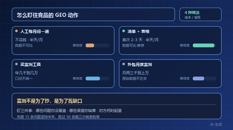 怎么盯住竞品的 GEO 动作？4 种监测做法的成本、盲区和适用公司对比