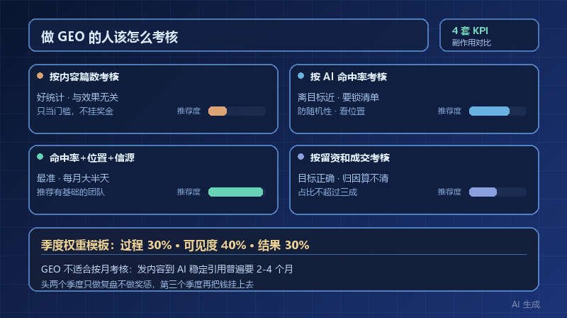 做 GEO 的人该怎么考核？4 套 KPI 方案的适用性和副作用对比