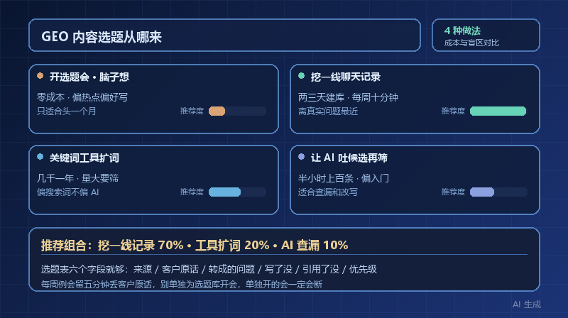 GEO 内容选题从哪来？4 种搭建选题库的方式，成本和盲区对比