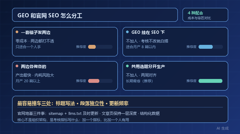 GEO 和官网 SEO 到底怎么分工？4 种配合方式的成本和盲区对比