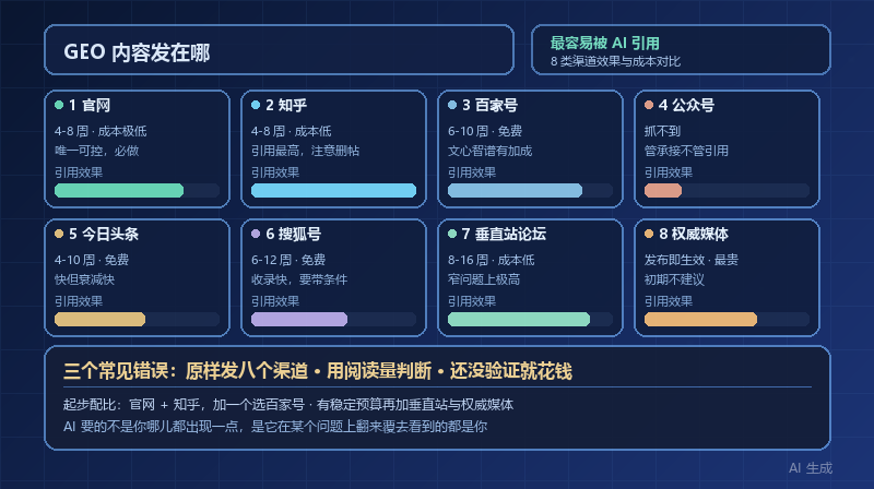 GEO 内容发在哪最容易被 AI 引用？8 类渠道的效果与成本对比
