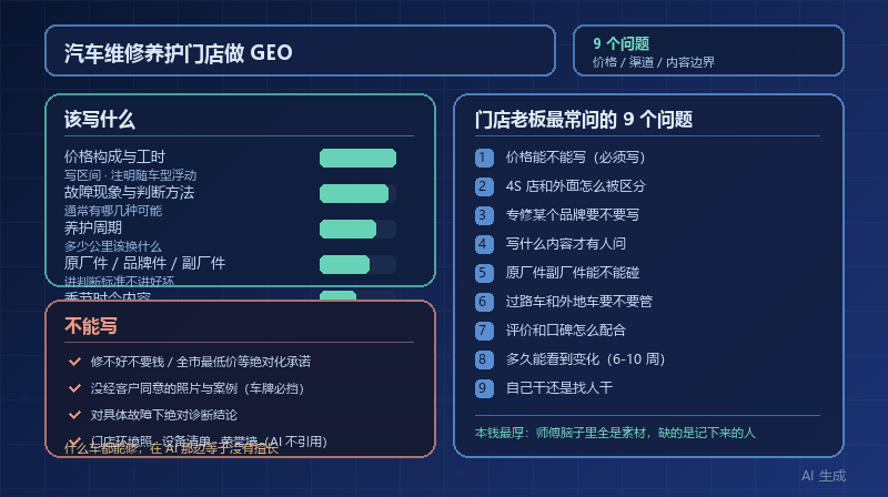 汽车维修养护门店做 GEO 的 9 个问题：价格、渠道与内容边界
