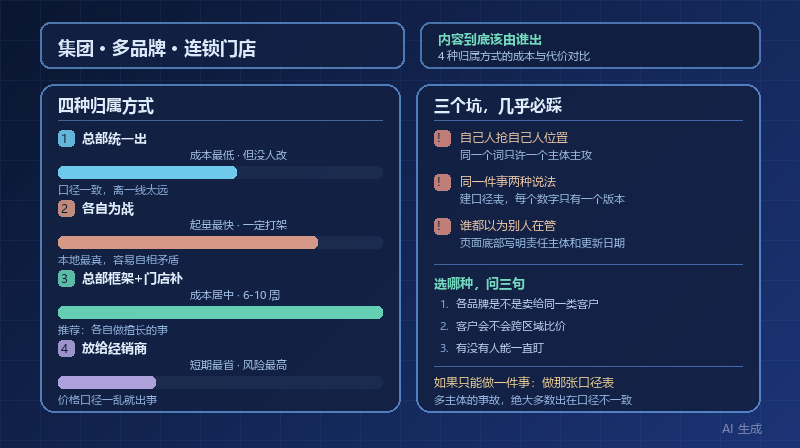 集团、多品牌、连锁企业做 GEO：4 种内容归属方式的成本和代价对比