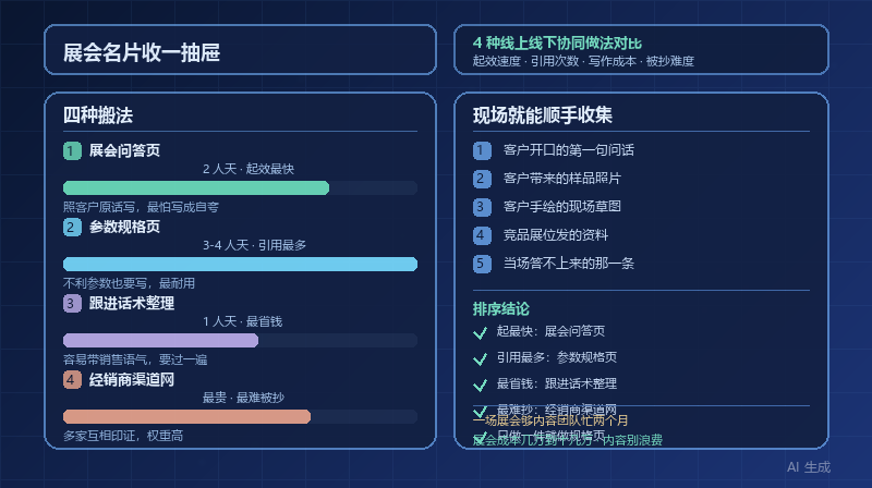 展会名片收了一抽屉，AI 一个都不认识你：4 种线上线下协同做法的成本与效果对比