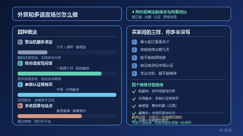 外贸和多语言场景怎么做 GEO？4 种内容做法的成本与效果对比