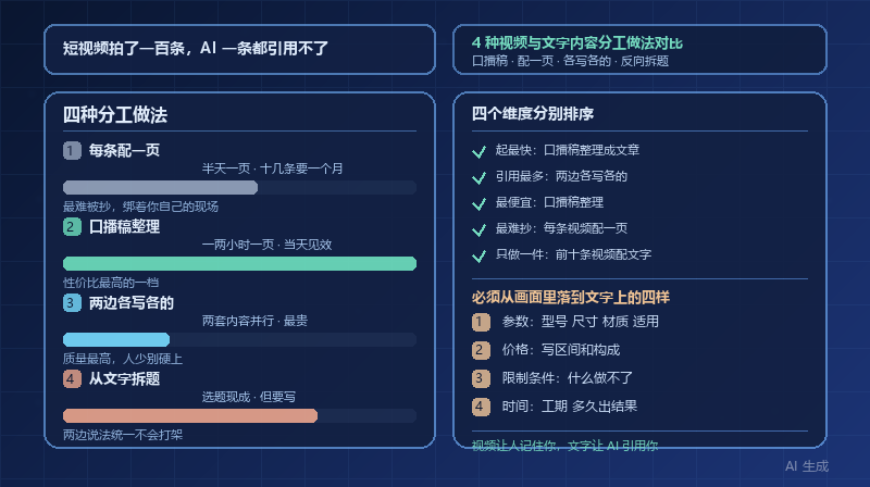 短视频拍了一百条，AI 一条都引用不了：4 种视频与文字内容分工做法的成本与效果对比