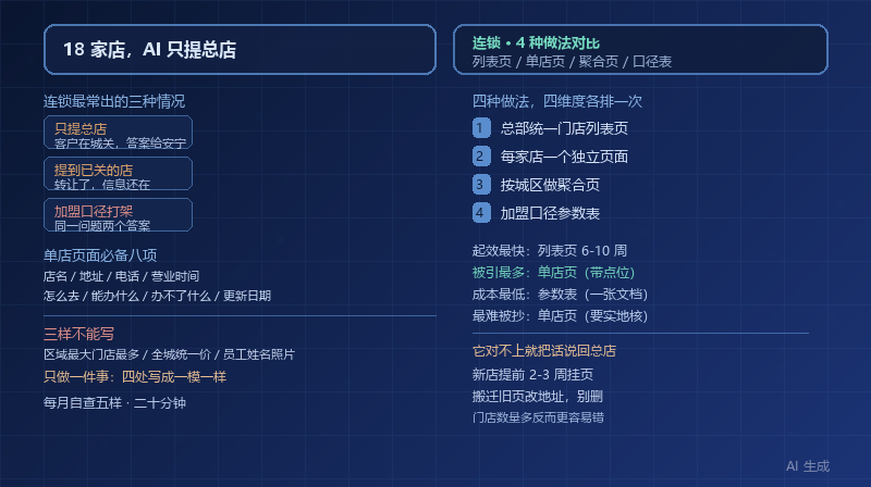 开了 18 家店，AI 只提总店那一家：4 种连锁内容做法对比