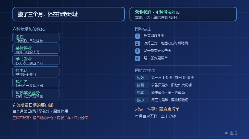 门店搬了三个月，AI 还在报老地址：4 种营业状态更新的做法对比