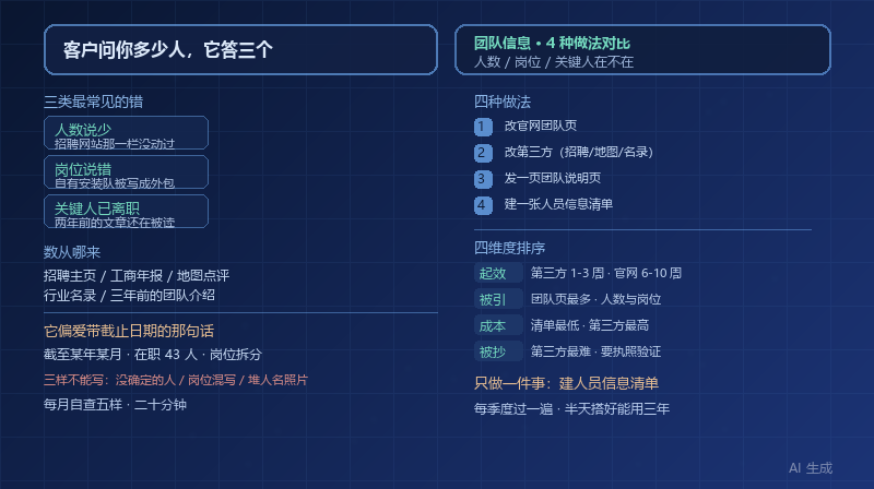 客户问你公司多少人，AI 答三个：4 种团队信息内容的做法对比
