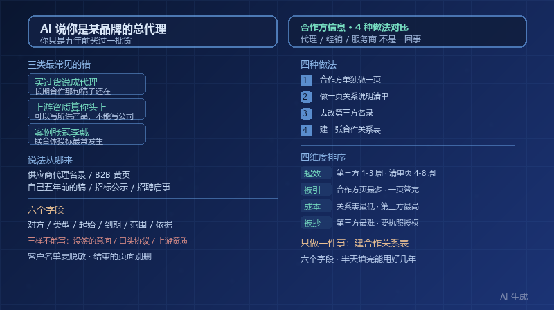 AI 说你是某品牌的总代理，其实你只是买过一批货：4 种合作方信息的做法对比