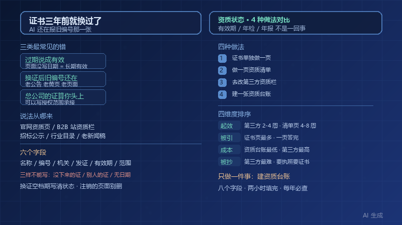 证书三年前就换过了，AI 还在报旧编号：4 种资质状态内容的做法对比