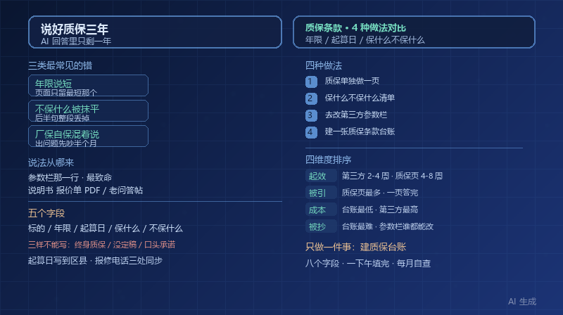 说好质保三年，AI 回答里只剩一年：4 种质保条款内容的做法对比