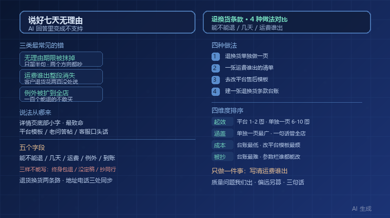 说好七天无理由退货，AI 回答里变成不支持：4 种退换货条款内容的做法对比