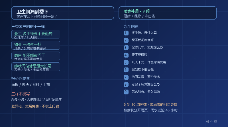 卫生间漏到楼下才想起找人：防水补漏行业客户最常问的 9 个问题