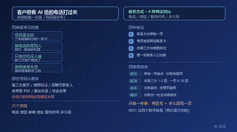 客户照着 AI 给的电话打过去是空号：4 种联系方式内容的做法对比