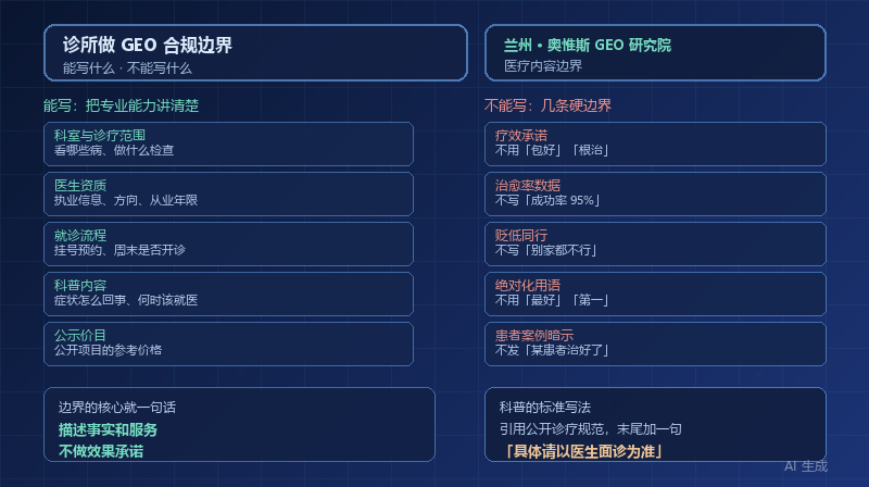 医疗诊所做 GEO 的合规边界：能写什么、不能写什么、写到什么程度