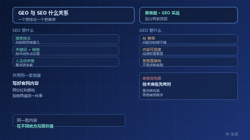 GEO 与 SEO 到底什么关系：一个管搜索排名，一个管 AI 推荐